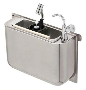 SPÜLBECKE FÜR EISLÖFFEL MIT WASSERHAHN UND EISLÖFFELDUSCHE 410X120X270  MIT WASSERABLAUFLOCH, WASSERANSCHLUSS UND ÜBERLAUFROHR