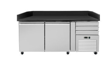 Preview: Pizza Kühltisch PRO, Granit Star Galsxy schwarz, 2 Türen + 3 Schubladen, 160 x 80 Kühlaufsatz GN1/3 mit Glas