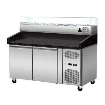 Preview: Pizza Kühltisch, Granit Star Galaxy schwarz, 2 Türen, 151 x 80 Kühlaufsatz GN1/3 mit Glas