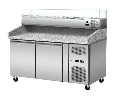 Skyrainbow Pizza Kühltisch, Granit rosa-grau, 2 Türen, 151 x 80 Kühlaufsatz GN1/4 mit Glas