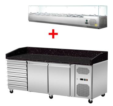 Skyrainbow Pizza Kühltisch, Granit Star Galaxy schwarz, 2 Türen 7 ungek. Schubladen, 203 x 80 Kühlaufsatz GN1/3 mit Glas