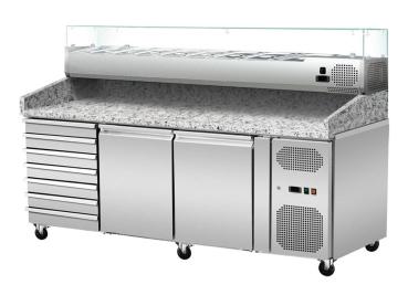 Preview: Pizza Kühltisch, Granit rosa-grau, 2 Türen 7 ungek. Schubladen, 203 x 80 Kühlaufsatz GN1/3 mit Glas