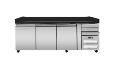 Preview: Pizza Kühltisch PRO, Granit Star Galsxy schwarz, 3 Türen + 3 Schubladen, 200 x 80 Kühlaufsatz GN1/3 mit Glas