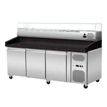 Preview: Pizza Kühltisch, Granit Star Galaxy schwarz, 3 Türen, 203 x 80 Kühlaufsatz GN1/4 mit Glas