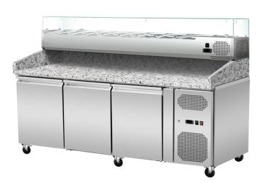 Preview: Pizza Kühltisch, Granit rosa-grau, 3 Türen, 203 x 80 Kühlaufsatz GN1/3 mit Glas