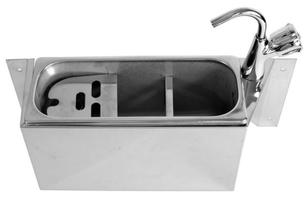SPÜLBECKE FÜR EISLÖFFEL MIT WASSERHAHN 380X120X150  MIT WASSERABLAUFLOCH, WASSERANSCHLUSS UND ÜBERLAUFROHR