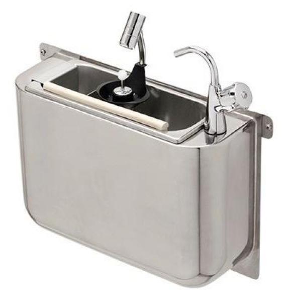 SPÜLBECKE FÜR EISLÖFFEL MIT WASSERHAHN UND EISLÖFFELDUSCHE 410X120X270  MIT WASSERABLAUFLOCH, WASSERANSCHLUSS UND ÜBERLAUFROHR