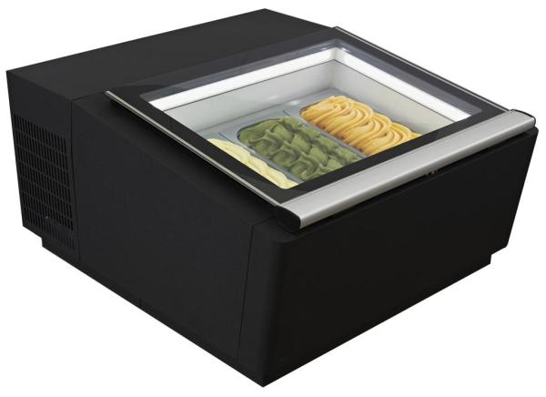 TISCHMODELL SPEISEISVITRINE SCHWARZ  ÖFFNET AUF DER BEDIENUNG SEITE