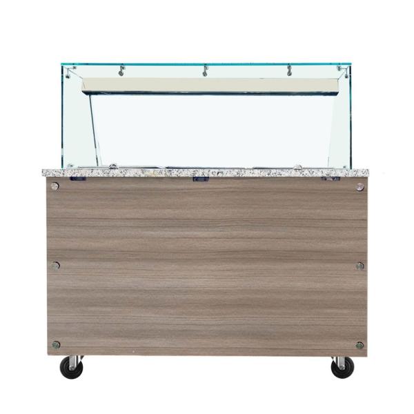 SNACK-Line Bain-Marie Theke 4x GN1/1, Granit rosa-grau, 153x82x85,5 Glasaufbau Klarglas mit Zwischenablage, H=496mm