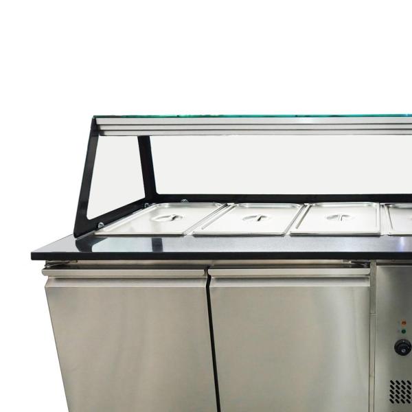 SNACK-Line Bain-Marie Theke 4x GN1/1, Granit Star Galaxy schwarz, 153x82x85,5 Glasaufbau Klarglas mit Zwischenablage, H=496mm