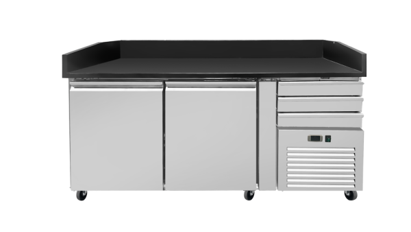 Pizza Kühltisch PRO, Granit Star Galsxy schwarz, 2 Türen + 3 Schubladen, 160 x 80 Kühlaufsatz GN1/4 mit Edelstahldeckel