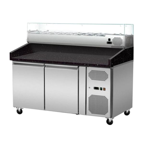 Pizza Kühltisch, Granit Star Galaxy schwarz, 2 Türen, 151 x 80 Kühlaufsatz GN1/4 mit Glas