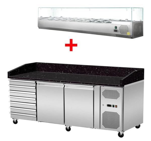 Skyrainbow Pizza Kühltisch, Granit Star Galaxy schwarz, 2 Türen 7 ungek. Schubladen, 203 x 80 Kühlaufsatz GN1/3 mit Glas