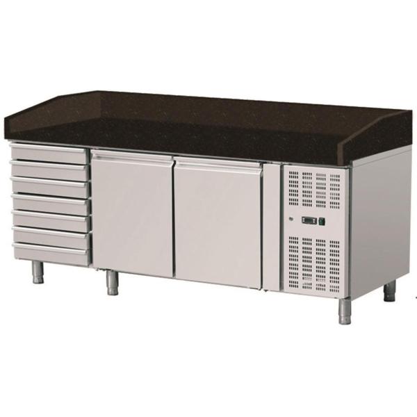 Pizza Kühltisch, Granit Star Galaxy schwarz, 2 Türen 7 ungek. Schubladen, 203 x 80 Kühlaufsatz GN1/3 mit Glas