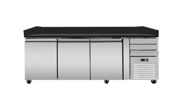 Pizza Kühltisch PRO, Granit Star Galsxy schwarz, 3 Türen + 3 Schubladen, 200 x 80 Kühlaufsatz GN1/3 mit Glas