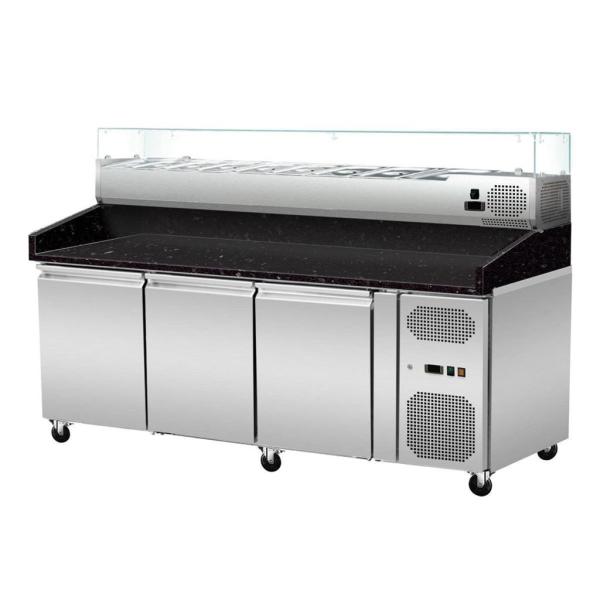 Pizza Kühltisch, Granit Star Galaxy schwarz, 3 Türen, 203 x 80 Kühlaufsatz GN1/3 mit Glas