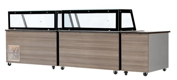 Skyrainbow SNACK-Line, Kalte Theke, 4x GN1/1, Granit Star Galaxy schwarz, 153x82x85.5 Glasaufbau Klarglas schwarzer Rand, ohne Zwischenablage H=396mm